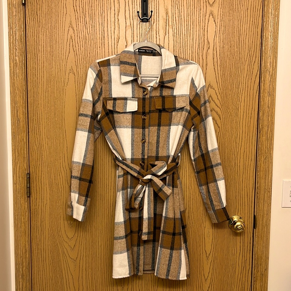 SHEIN Brown Plaid Button-Up Coat/Jacket